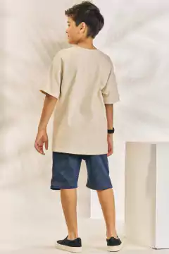 Conjunto John Fox Camisa Bege Folha e Bermuda Jeans - comprar online