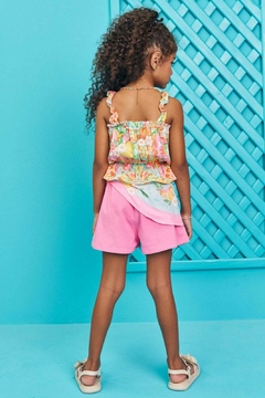 Conjunto Infanti Blusa Boxy Colorida e Short Rosa com Lenço Colorido - Amora