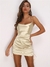 Vestido de festa com alça de espaguete Mini vestido de cetim feminino Body sem costas Vestido de festa plissado Stretch Short Club - Santuario Digital