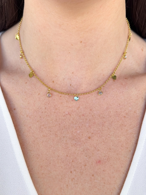 Choker Elo Portugues c/ Corações e Ponto de Luz Banhado em Ouro 18K - comprar online