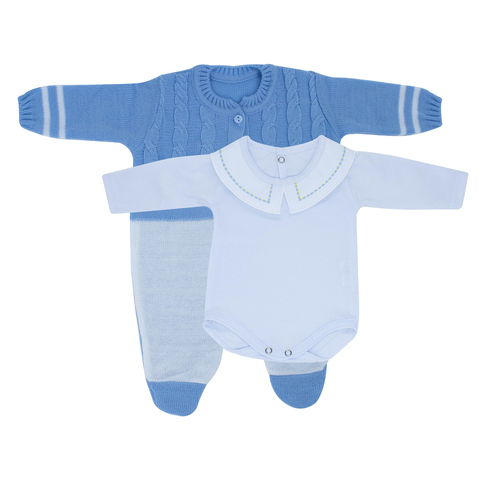 Kit Macacão Jacquard Azul Claro e Body com Gola Bordada