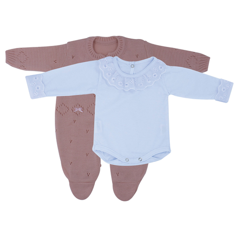 Kit Macacão Links Rosa e Body Com Gola e Punho de Renda