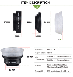 Apexel Phone Camera Macro Lente 12-24X Super Macro Lente para iPhone 11/12 Xiaomi Samsung Galaxy Universal 2 em 1 Clip Lente Móvel - Hi Tech Tecnologia