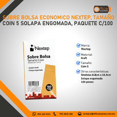 NE-015G SOBRE BOLSA ECONOMICO NEXTEP, TAMAÑO COIN 5 SOLAPA ENGOMADA, PAQUETE C/100 - comprar en línea