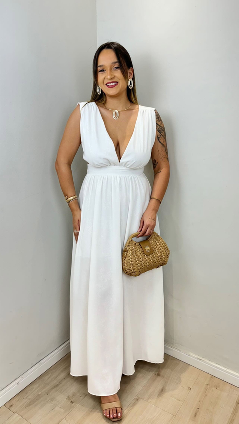 Vestido Longo Decote em V Acinturado em Crepe - ANA