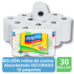 Bolsón 10 paq. Rollos de Cocina Felpita Absorbetodo blanco o decorado exclusivo, 180 paños, doble hoja. en internet