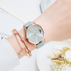 Relógio Feminino Números Lua Mostrador Pulseira Conjunto Relógios Feminino Pulseira de Couro Quartzo Relógio Feminino Relógio Feminino Relogio Mujer Hot - gosteicomprei