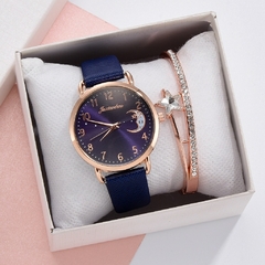 Relógio Feminino Números Lua Mostrador Pulseira Conjunto Relógios Feminino Pulseira de Couro Quartzo Relógio Feminino Relógio Feminino Relogio Mujer Hot - gosteicomprei