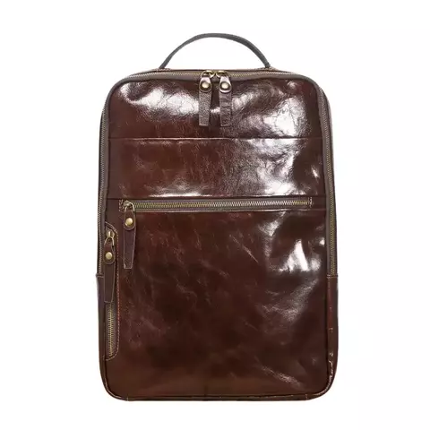 Mochila de Couro Para Notebook Café Uni 6887 Espaço para Notebook 15.6 Polegada, vista de frente com fundo branco