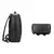 Vista lateral e base de uma mochila de couro preta para notebook de 15.6 polegadas, destacando o design premium e os detalhes de acabamento.