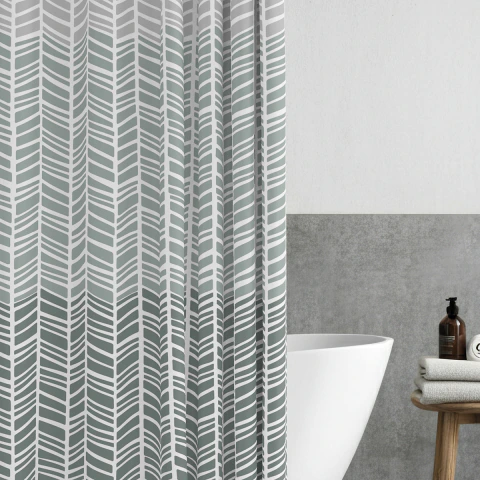 Set Cortina de Baño con Ganchos y Alfombra - verde y beige