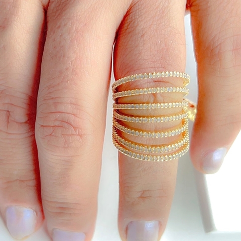 Anel de Festa Cravejado Nano Zirconias Banhado a Ouro