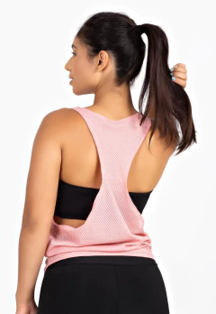Conjunto Fitness Calça Legging com Bolso em Tela Dry + Regata de Tela + Top Tomara que Caia Preto com Rosé - miilevi