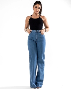Calça Jeans Wide Leg Cintura Alta com Elastano