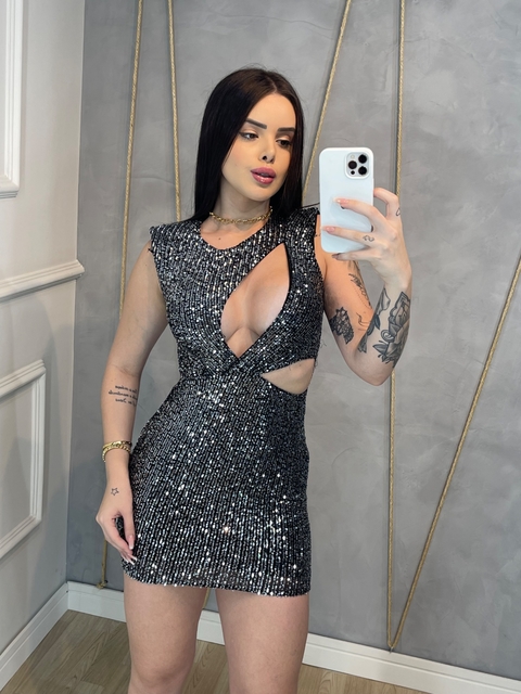 Vestido Ombreira paete Prata