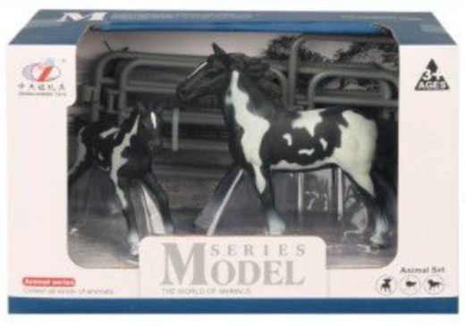 JUGUETE MODEL SERIES CABALLO CON POTRILLO Y CORRAL NEGRO PINTO