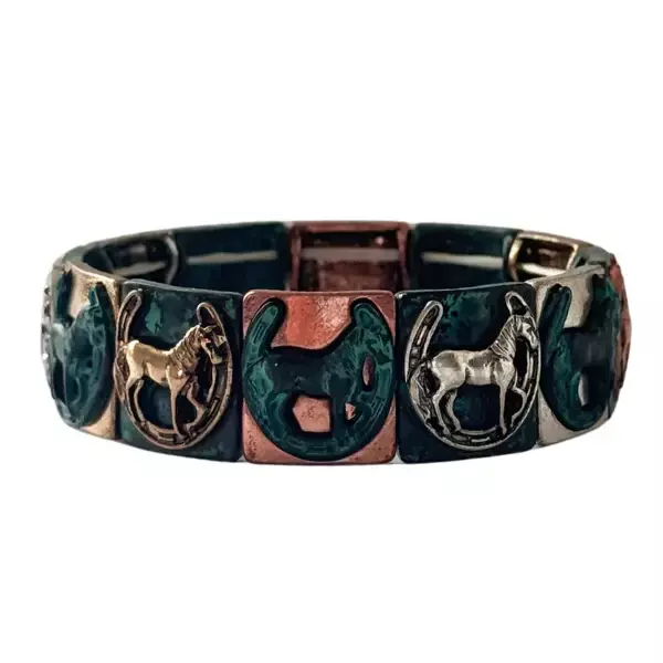 PULSERA KBALLO TRICOLOR CUADROS CON HERRADURA Y CABALLOS