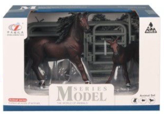 JUGUETE MODEL SERIES CABALLO CON POTRILLO Y CORRAL CAFE NEGRO