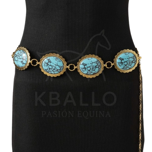 CINTURON CADENA PIEDRA TURQUESA GRANDE DORADO FINO