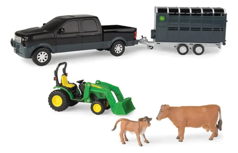 JUGUETE JOHN DEERE ESCALA 1:32 CAMIONETA Y REMOLQUE NEGRO TRACTOR Y GANADO