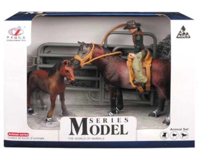 JUGUETE MODEL SERIES JINETE VAQUERO VERDE CABALLO Y POTRILLO CAFE