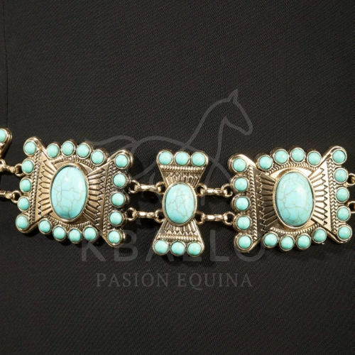 CINTURON CADENA PIEDRAS TURQUESA NAVAJO CUADROS Y M PLATEADO FINO