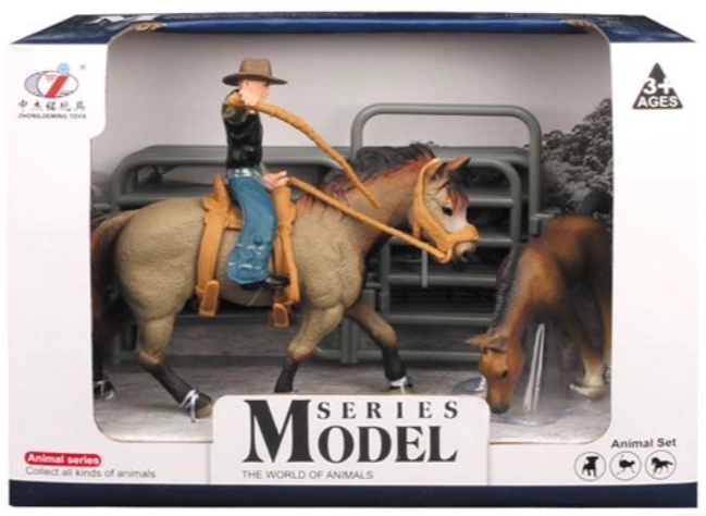 JUGUETE MODEL SERIES JINETE VAQUERO AZUL CABALLO Y POTRILLO GRIS CAFE