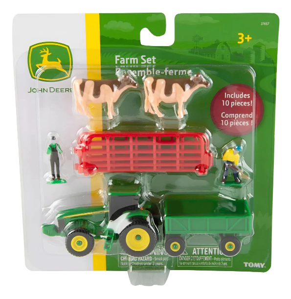 JUGUETE JOHN DEERE SET ESCALA 1:64 EN BLISTER 2 VACAS CAFE 2 GRANJEROS CORRAL ROJO TRACTOR Y REMOLQUE