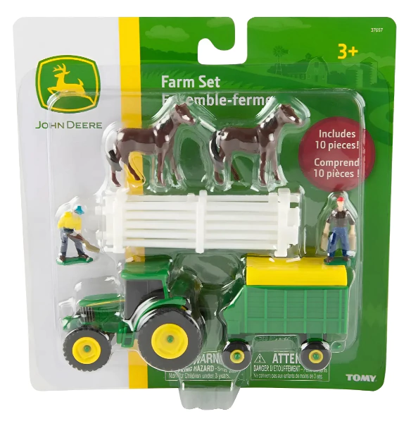 JUGUETE JOHN DEERE SET ESCALA 1:64 EN BLISTER 2 CABALLOS 2 GRANJEROS CORRAL BLANCO TRACTOR Y REMOLQUE