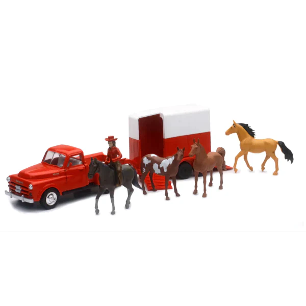 Juguete Camioneta Antique Con Remolque Y Caballos Roja Dodge Clasica Escala 1:43