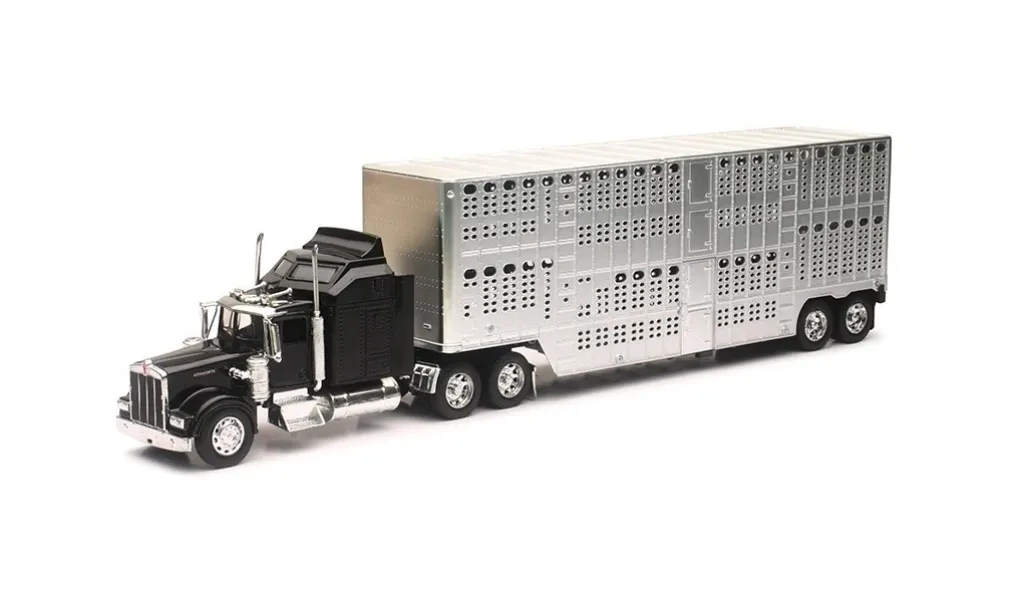 JUGUETE TRAILER GANADERO 1:32 NEW RAY KENWORTH W900 POT BELLY LIVESTOCK NEGRO