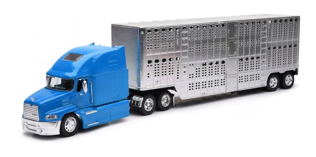 JUGUETE TRAILER GANADERO 1:32 NEW RAY MACK LIVESTOCK CHROME AZUL PLUMBAGO