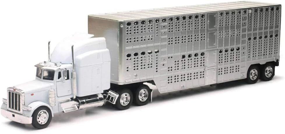 JUGUETE TRAILER GANADERO 1:32 NEW RAY PETERBILT 379 POT BELLY LIVESTOCK BLANCO