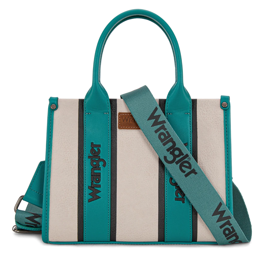 Bolso Wrangler Tote Bag Tipo Piel Block Cintas y Bordado al Frente Hueso Azul Turquesa WG208-8120STQ