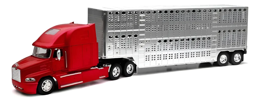 JUGUETE TRAILER GANADERO 1:32 NEW RAY MACK PINNNACLE LIVESTOCK CHROME ROJO