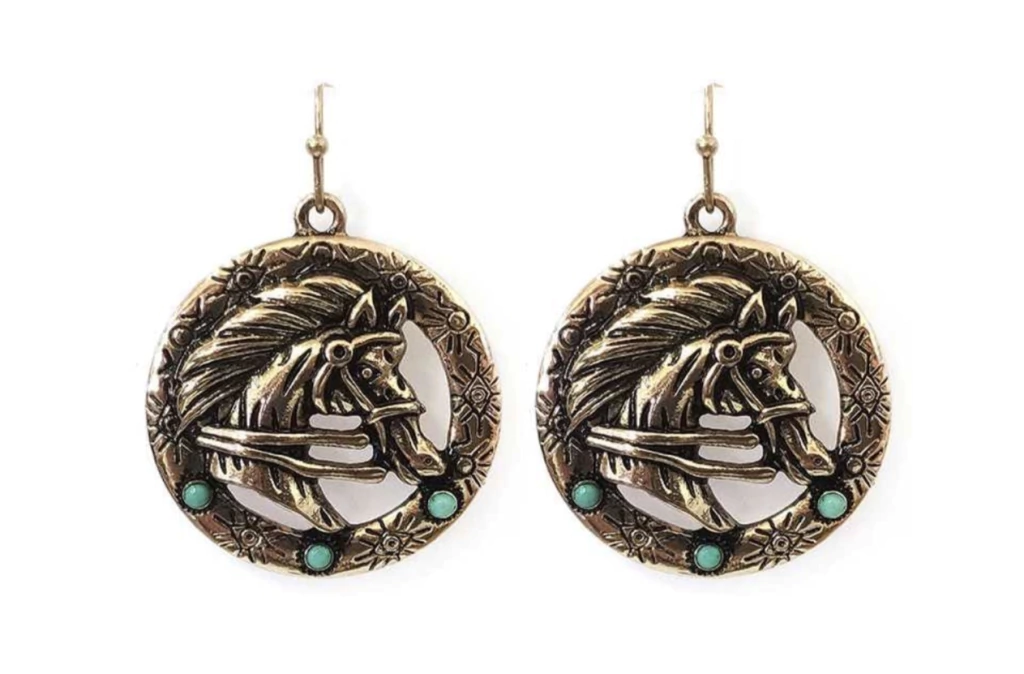 ARETES KBALLO CIRCULO DORADO CABALLO SALVAJE 3 PIEDRAS TURQUESA