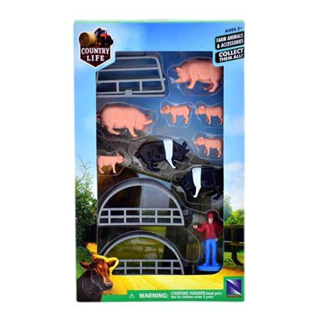 JUGUETE SET NEW RAY COUNTRY LIFE 6 PUERQUITOS ROSAS Y 2 NEGROS CON GRANJERO
