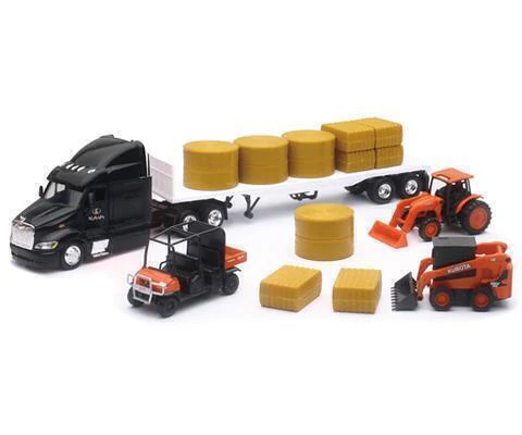 JUGUETE KUBOTA SET TRAILER CON PAJA Y MAQUINARIA