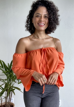 BLUSA BATA COM BABADOS NA MANGA - LARANJA - loja online