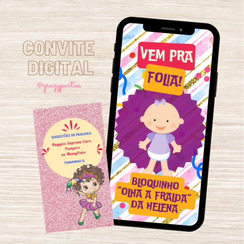 Convite digital animado para chá de bebê com tema de carnaval, mostrando um bebê sorridente e informações sobre sugestão de fraldas.