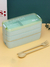 Lunch Box estilo Japonés de 3 niveles con cuchara y tenedor largos de fibra de trigo 900 ml