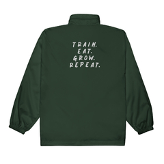 Jaqueta corta vento unissex bordada - Bulk Mode "Train. Eat. Grow. Repeat" - loja online
