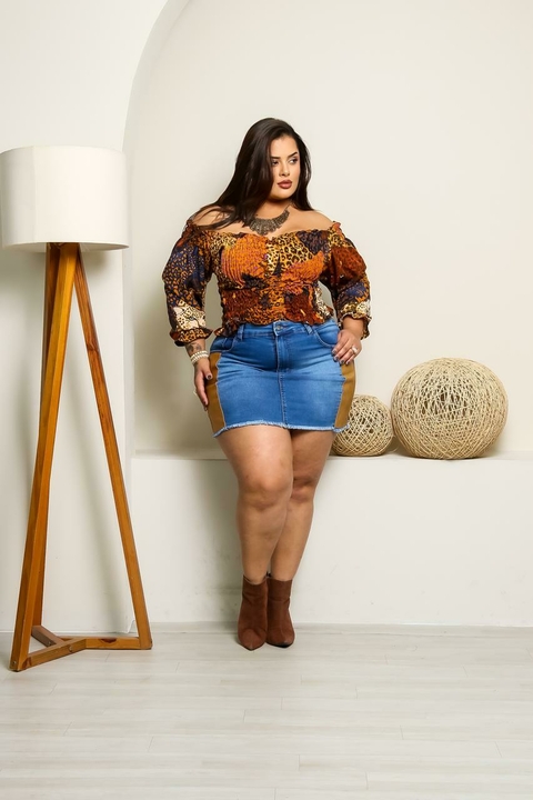Saia Jeans com Couro