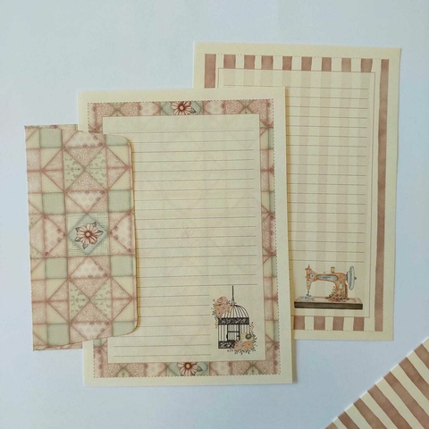 Papéis de Carta Coleção Costurando Memórias com Envelope 10 unidades | Patchwork Rosée - 02 Estampas - comprar online