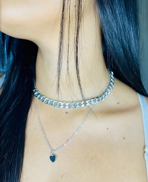Colar Duplo Corrente texturada elo com pingente de coração - Biju