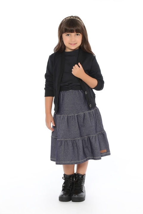 Saia Midi Fake Jeans Azul Marinho