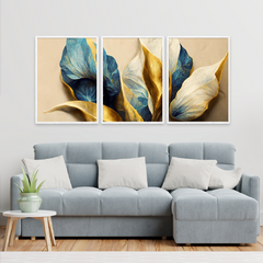 TRIO DE QUADROS FOLHAS ABSTRATAS DOURADA E AZUL - Quadros & Quadrinhos