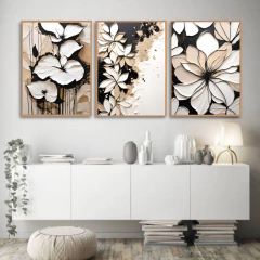 TRIO DE QUADROS ABSTRATOS FLORES NUDE - Quadros & Quadrinhos