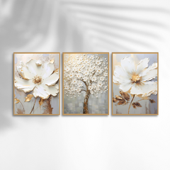 TRIO DE QUADROS ABSTRATOS ÁRVORE DA VIDA E FLORAIS