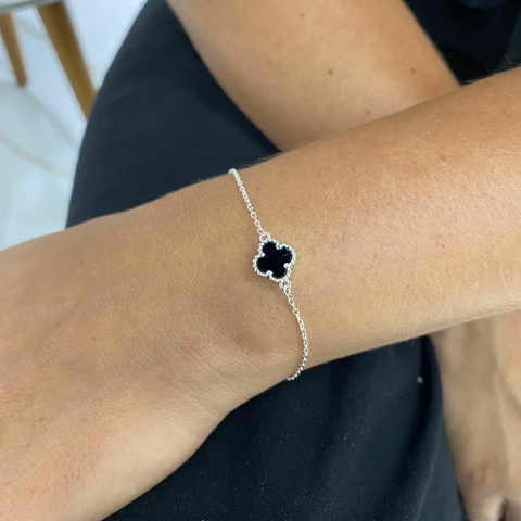 Pulseira de Prata Trevo Pedra Natural Ônix 10mm Insp.VCleef - comprar online